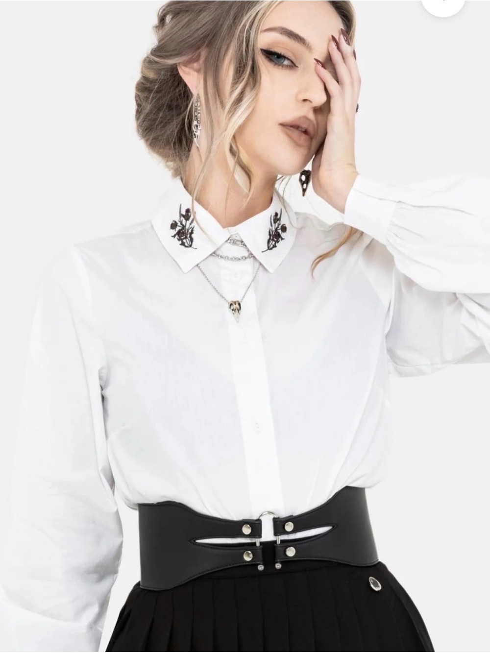 Disturbia Despair Cotton Thistle Embroidered Button Up Shirt